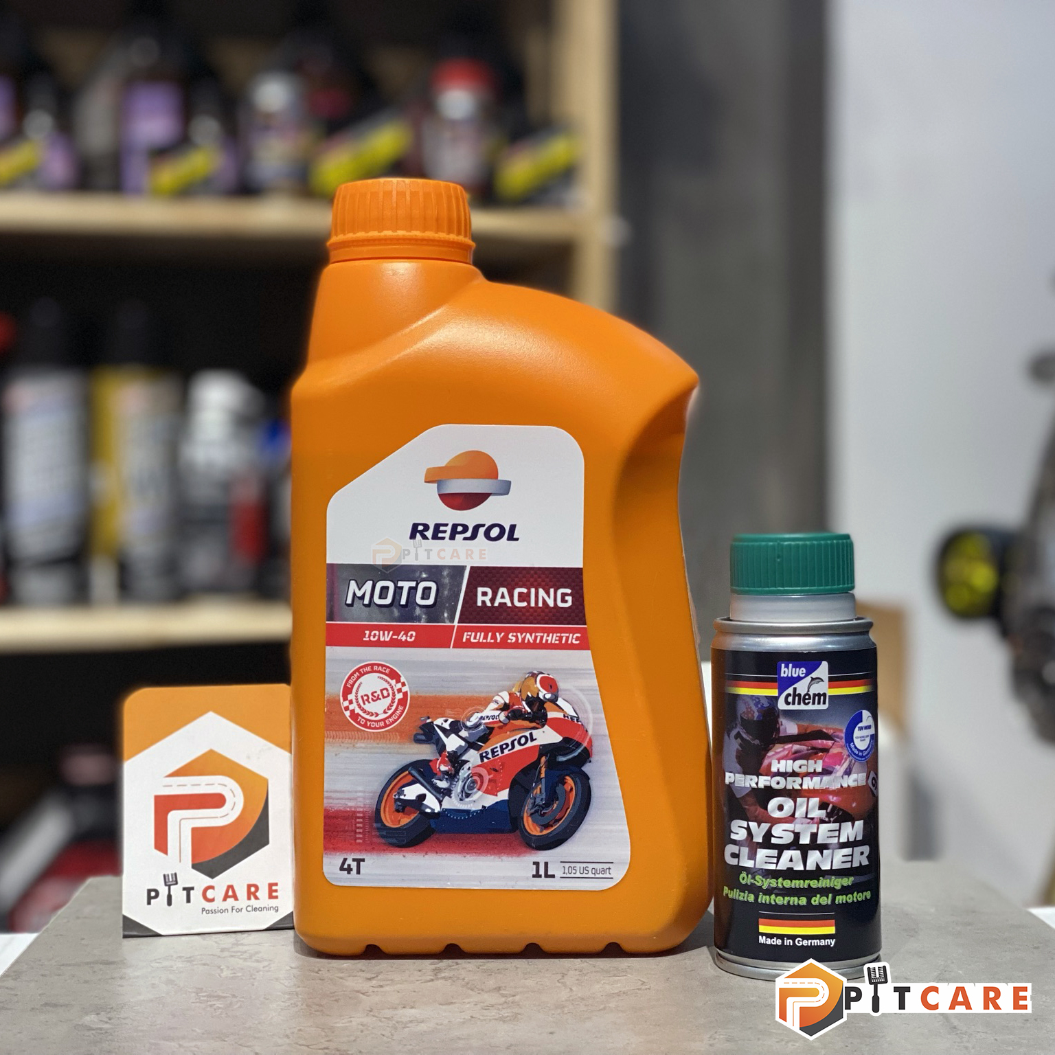 Combo Thay Nhớt Xe Máy Repsol Racing 10W40 Có Chiết Lẻ và Dung Dịch Súc Rửa Động Cơ Bluechem 50ml