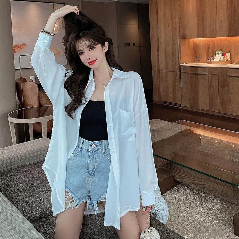 Áo Sơ Mi Nữ From Rộng CHIPY Chất Đũi Kiểu Công Sở Dài Tay Phồng 2 Túi Dáng Dài Hàn Quốc Vải Lụa Màu Trắng Cổ Đức Vintage
