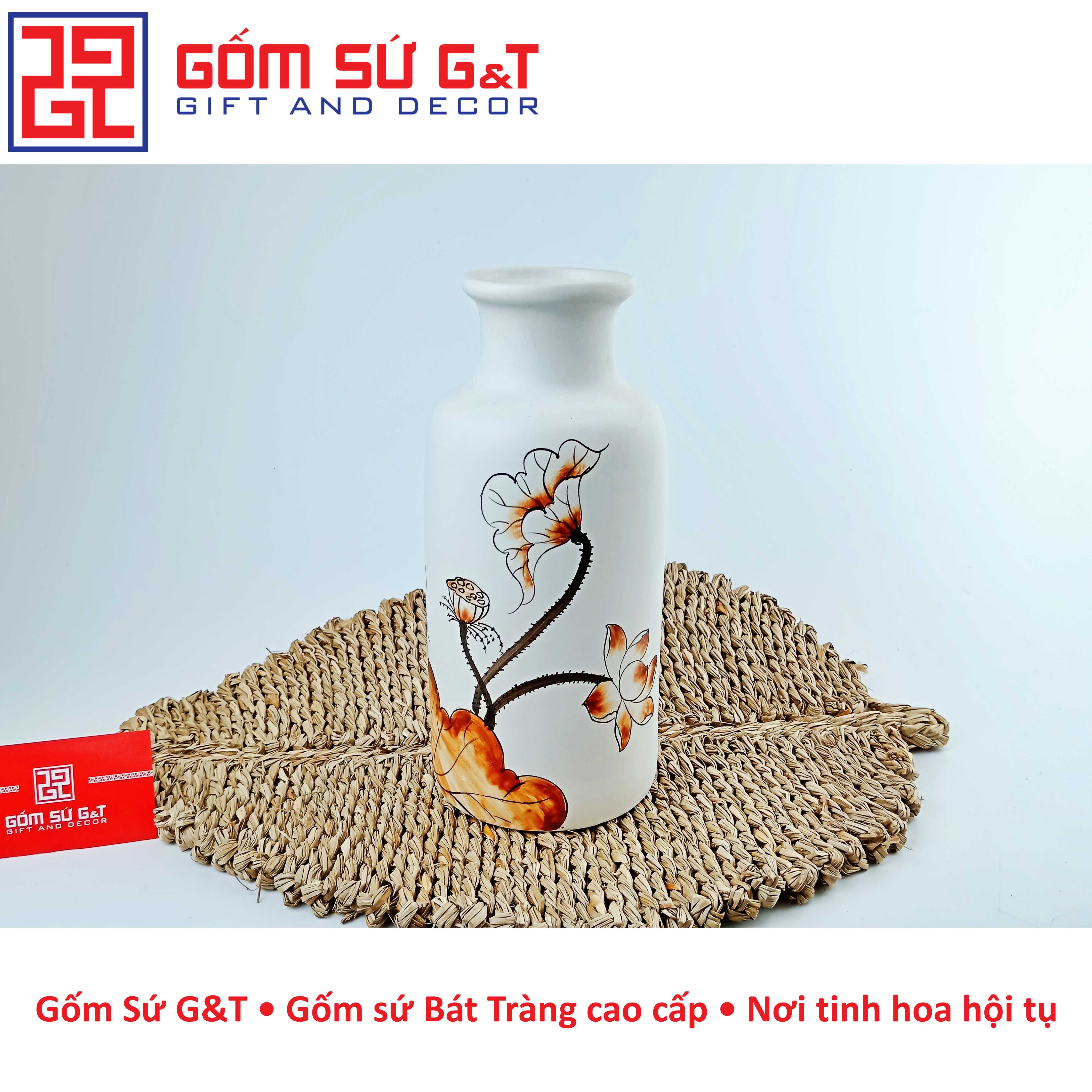 Lọ hoa dáng phích cổ cao vẽ sen Gốm Sứ G&amp;T