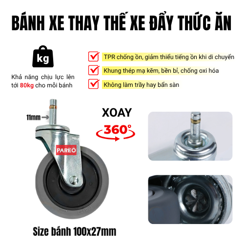 Phụ kiện bánh xe đẩy thức ăn, bánh xe thay thế cho xe đẩy phục vụ trong nhà hàng, bánh xe đẩy nhà hàng, bánh xe dọn bát đĩa - Pareo