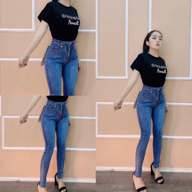 Quần jean lưng cao 2 nút dây đan chéo