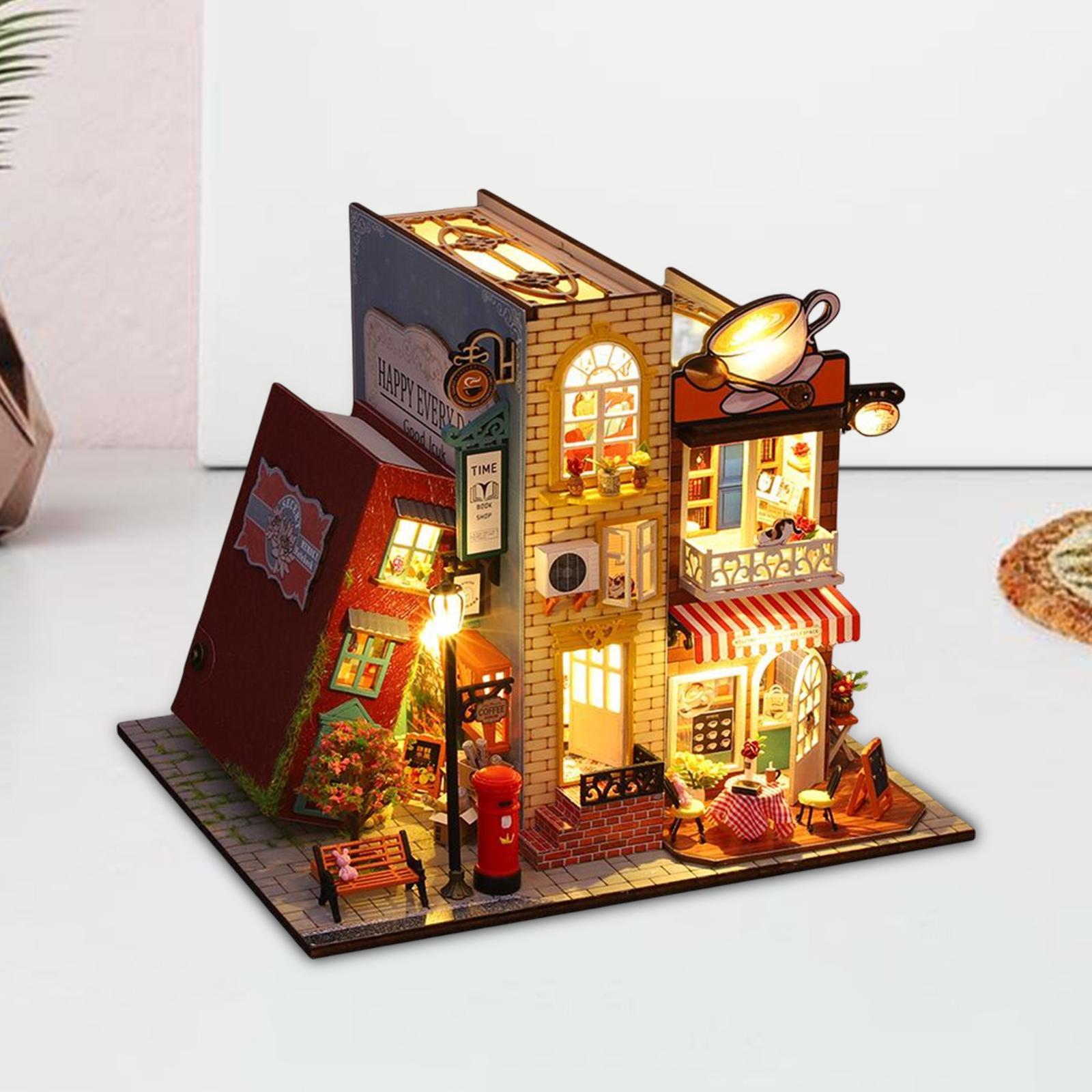 Unfinished Dollhouse DIY Kit with Dustproof Cover Wooden Dollhouse Miniature Kit Creative Room for Shelf Home Living Room Cabinet Decoration