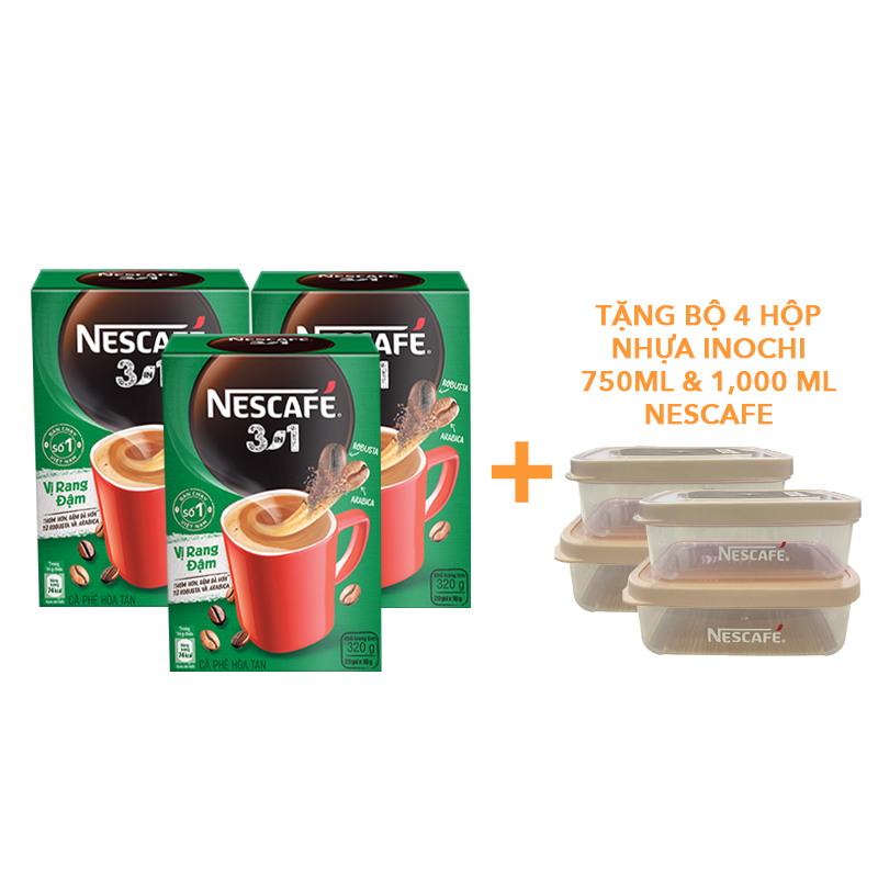 Cà phê hoà tan NESCAFÉ 3IN1 VỊ RANG ĐẬM - công thức cải tiến - COMBO 3 hộp x 20 gói - [TẶNG 4 HỘP NHỰA INOCHI 750ml &amp; 1000ml]