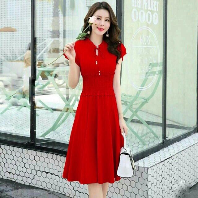 Đầm nhún eo, thắt nơ cổ thướt tha xinh lung linh kèm hình thật