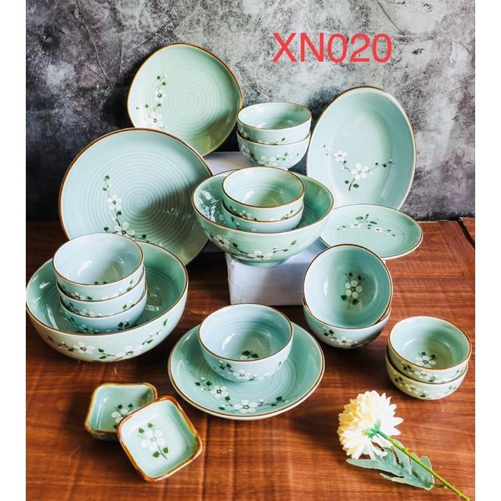 Set bát đĩa 21 món, men xanh ngọc. Gốm sứ Bát Tràng.