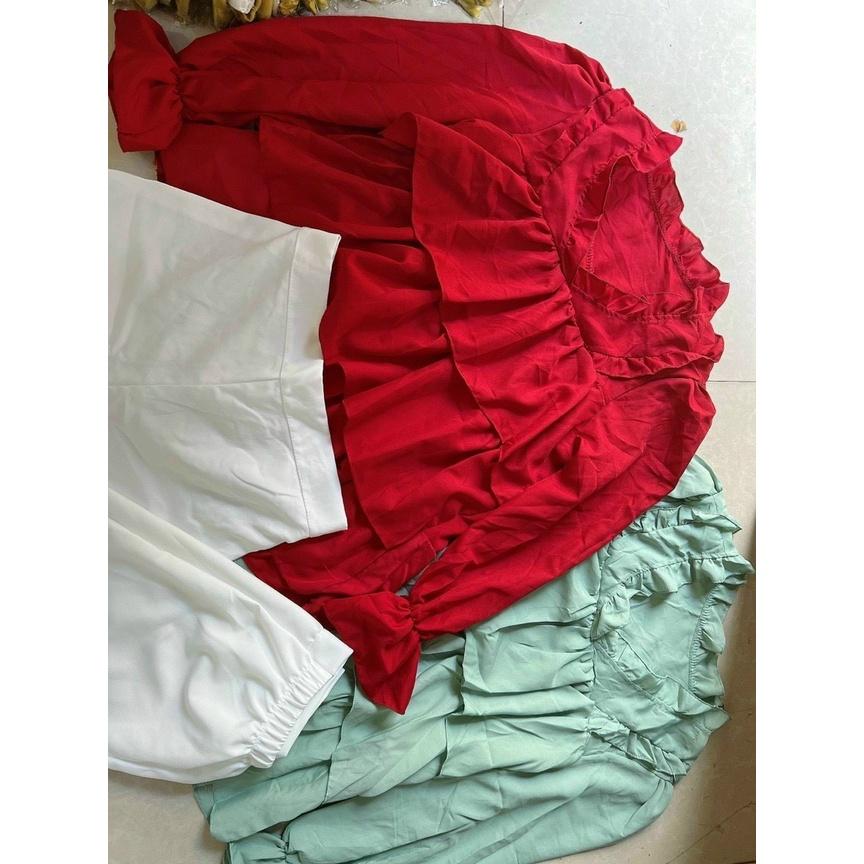 Sét bộ đồ nữ bánh bèo áo 3 tầng xinh phối quần for 2 màu xanh và đỏ mặc tôn da Hàn Quốc