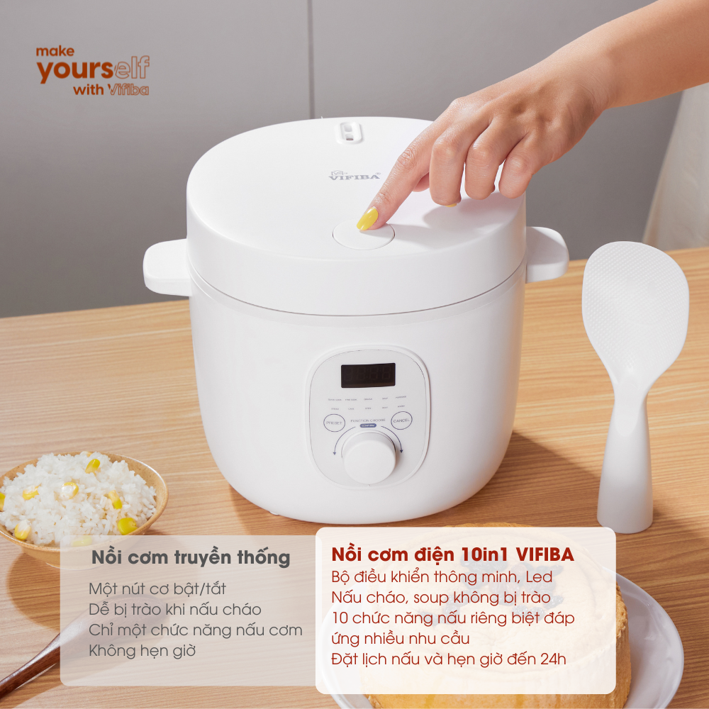 Nồi Cơm Điện Mini Thông Minh 10in1 Hàng Chính Hãng VIFIBA, Chức Năng Hẹn Giờ Nấu Cơm, Cho 1 - 2 người ăn