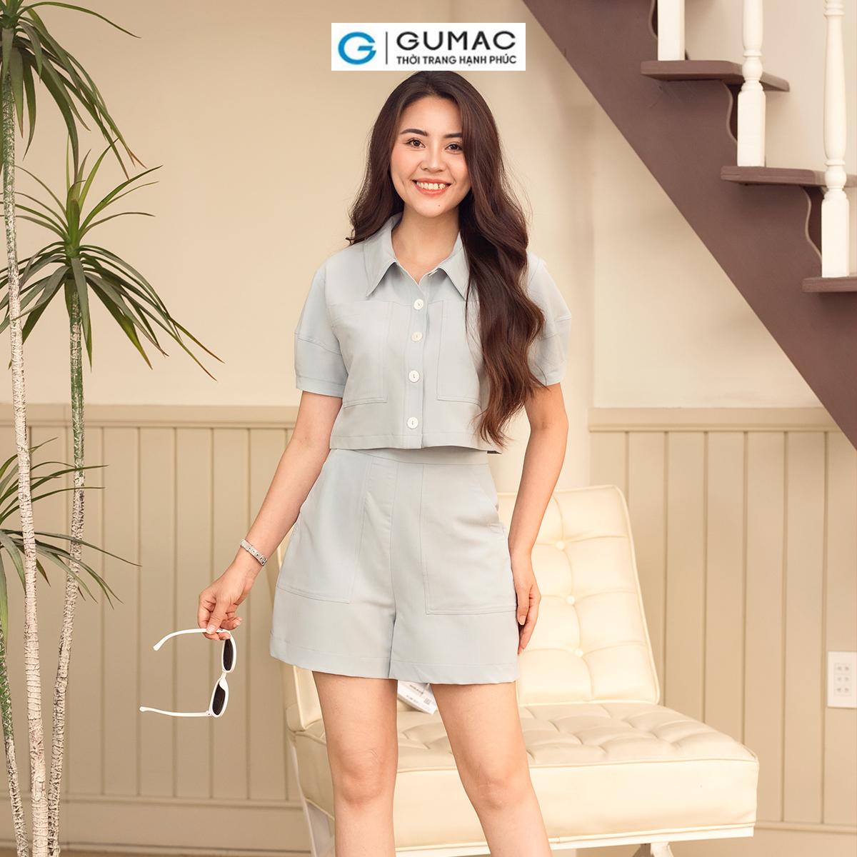 Set lẻ Áo kiểu tay bí thời trang GUMAC AD06071 - Quần short túi đắp thời trang GUMAC QD06072