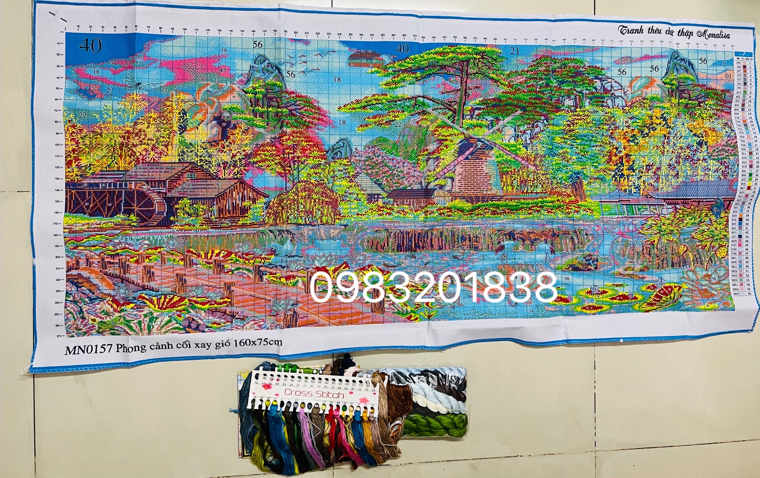 Tranh thêu chữ thập, tranh thêu kín Phong cảnh cối xoay gió MN0157, kích thước 150 x 70 cm