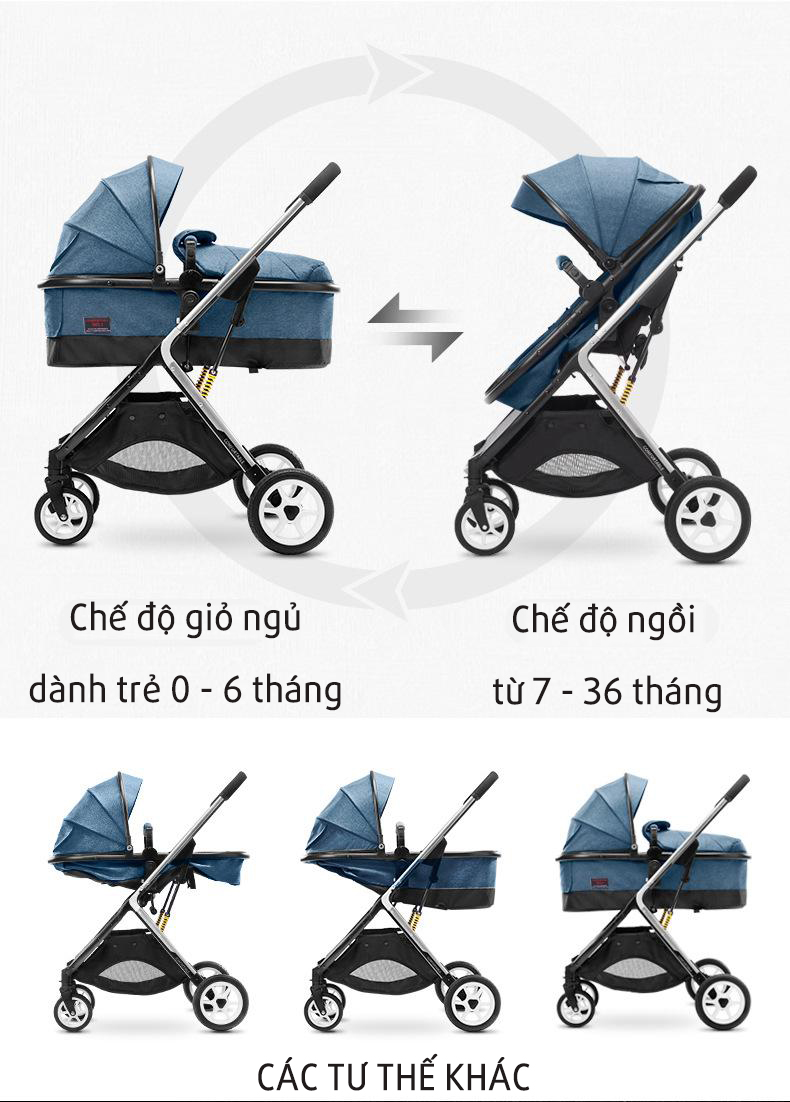 Xe đẩy nôi cao cấp  cho bé 2 chiều 3 tư thế, siêu nhẹ 7kg, gấp gọn thành vali xách có túi đi kèm và quà tặng mùng, chiếu, dây chống tuột