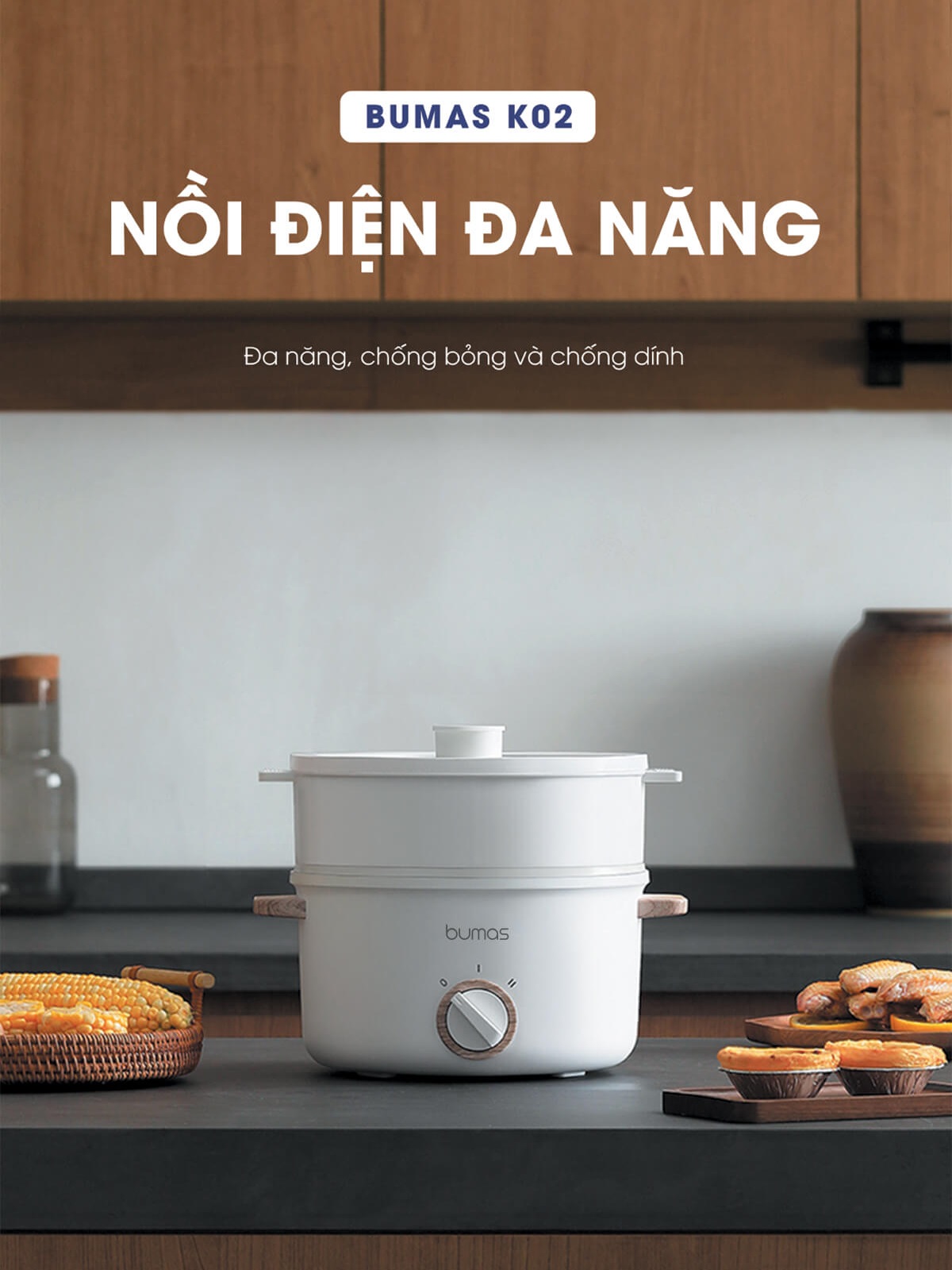 Nồi Điện Đa Năng BUMAS K02 Chống Dính Men Gốm, Dung Tích 2.5L, Công Suất 700W - Hấp, hầm, chiên, xào, nấu lẩu, nấu cơm - Hàng chính hãng