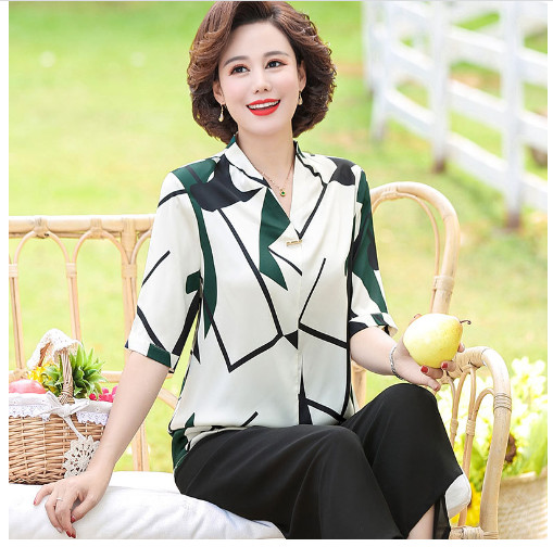 Áo Thun Lụa Trung Niên Họa Tiết Sang Trọng SM70 - Hàng Quảng Châu Cao Cấp