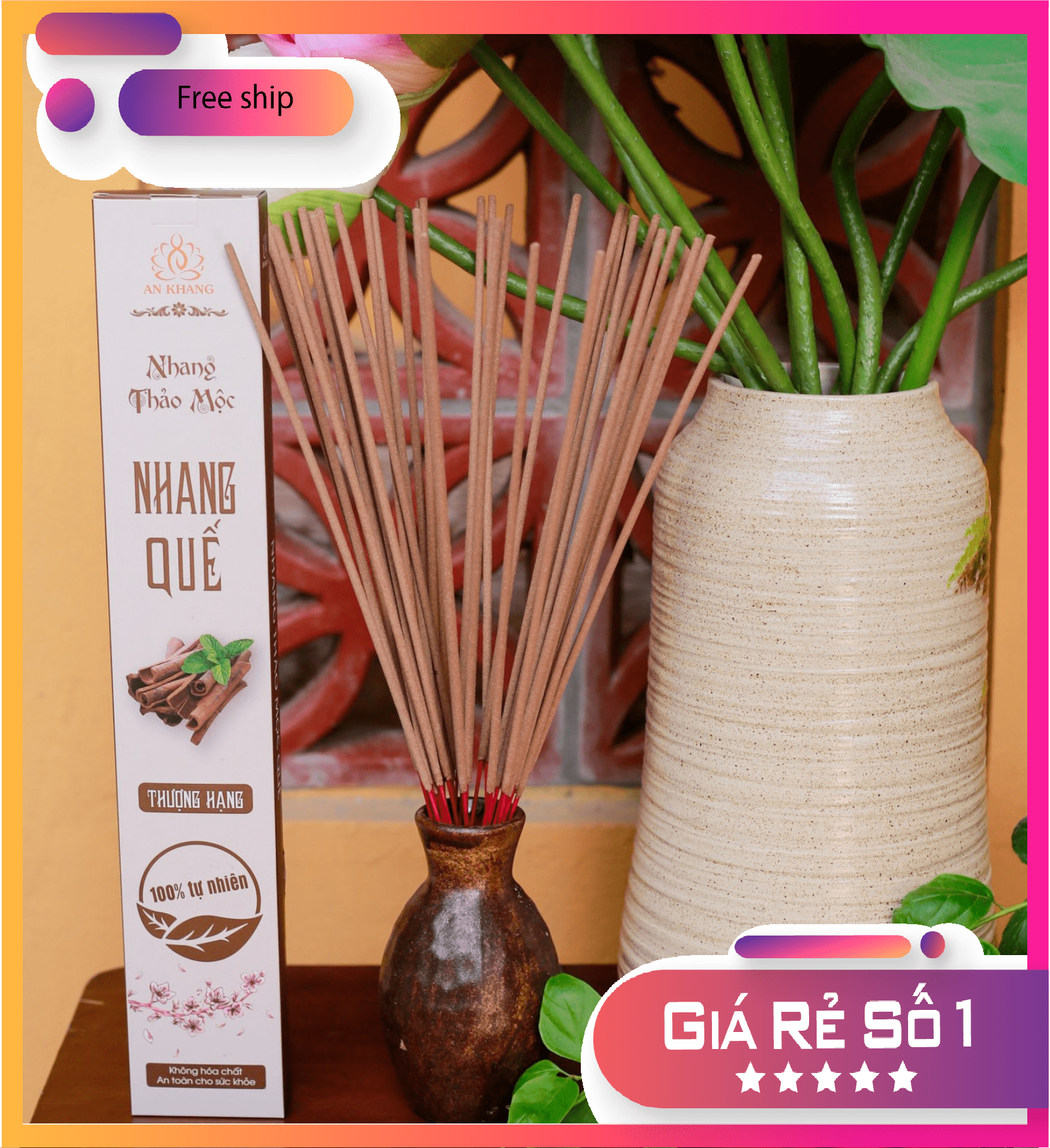 Hộp 100 nén nhang Quế, dài 38cm -không sử dụng hóa chất, ít khói, mùi hương dịu nhẹ