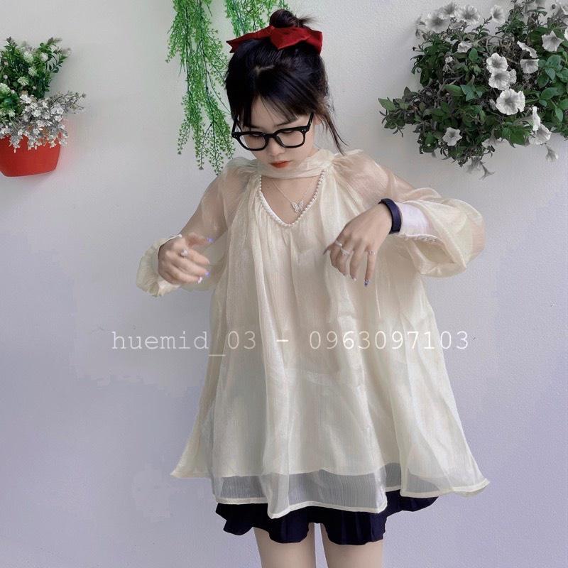 Áo sơ mi kiểu babydoll cổ V chocker đính ngọc thắt nơ lưng - DRA0027