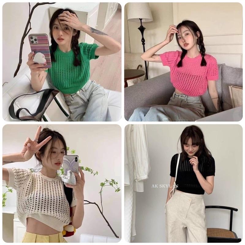 Áo len mongtoghi lỗ cộc tay cổ tròn trơn cho nữ hàng QC