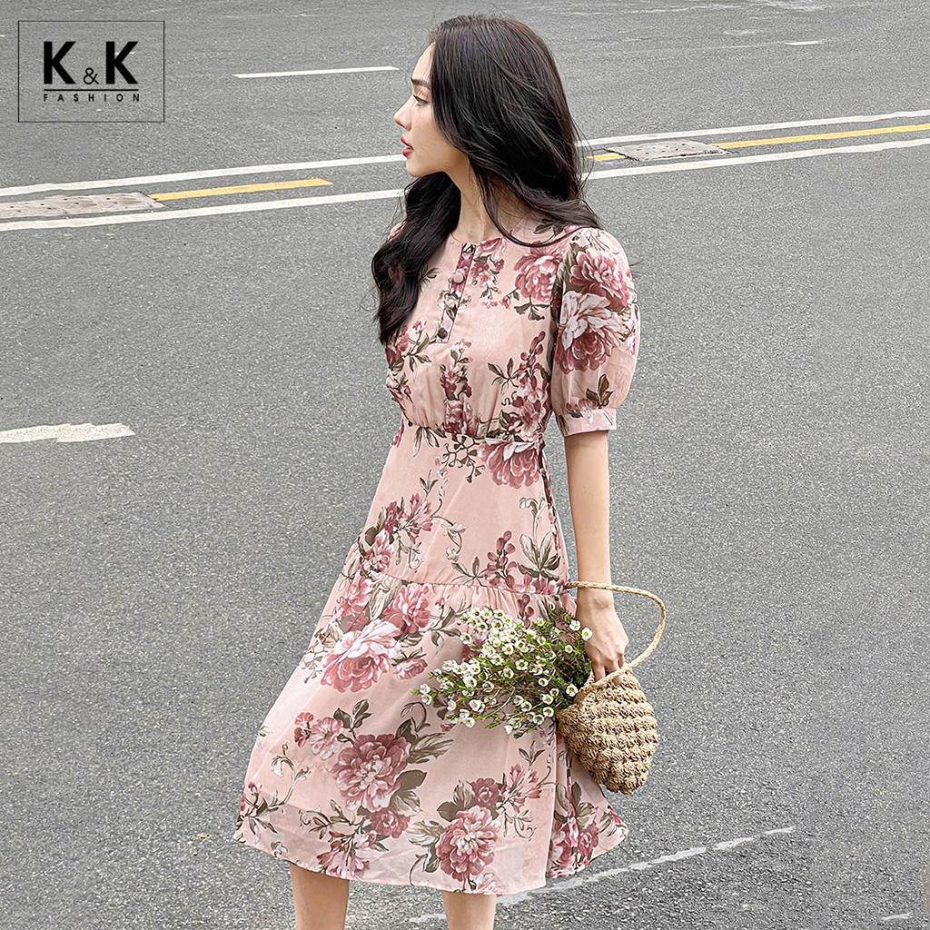 Đầm Xòe Nhấn Eo Họa Tiết Hoa Tay Lỡ K&amp;K Fashion KK120-25 Chất Liệu Voan Hàn