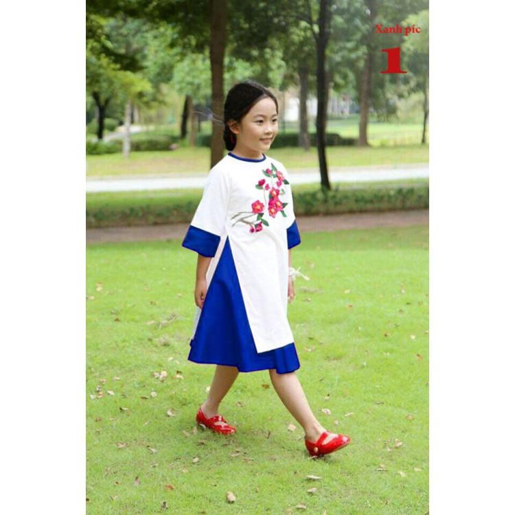 MS: 190142 -  Áo dài thêu hoa kết hợp váy bé gái duyên dáng  - Xưởng may Gia Khang