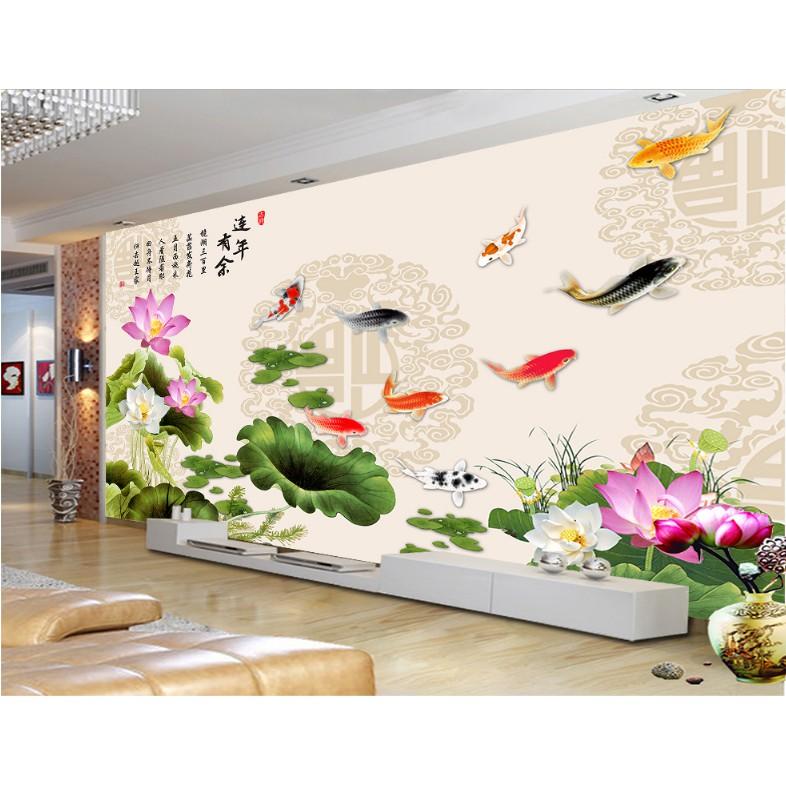 Tranh dán tường 3D cá hoa sen trang trí phòng khách- vải lụa kim tuyến