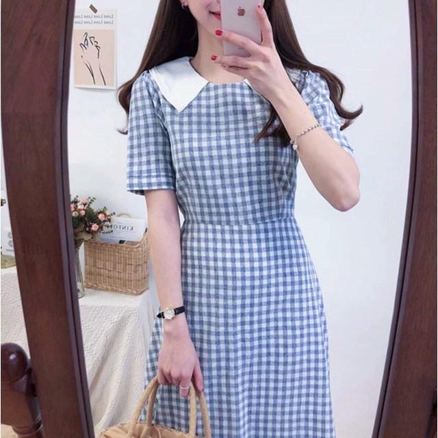 Đầm Dài Xanh Caro Phối