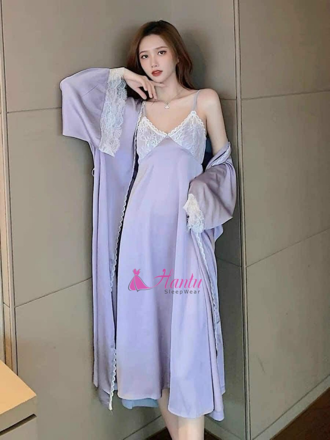 Hantu Sleepwear -Set áo choàng kèm váy ngủ lụa dáng dài qua gối mặc nhà sang trọng -Màu xám lông chuột