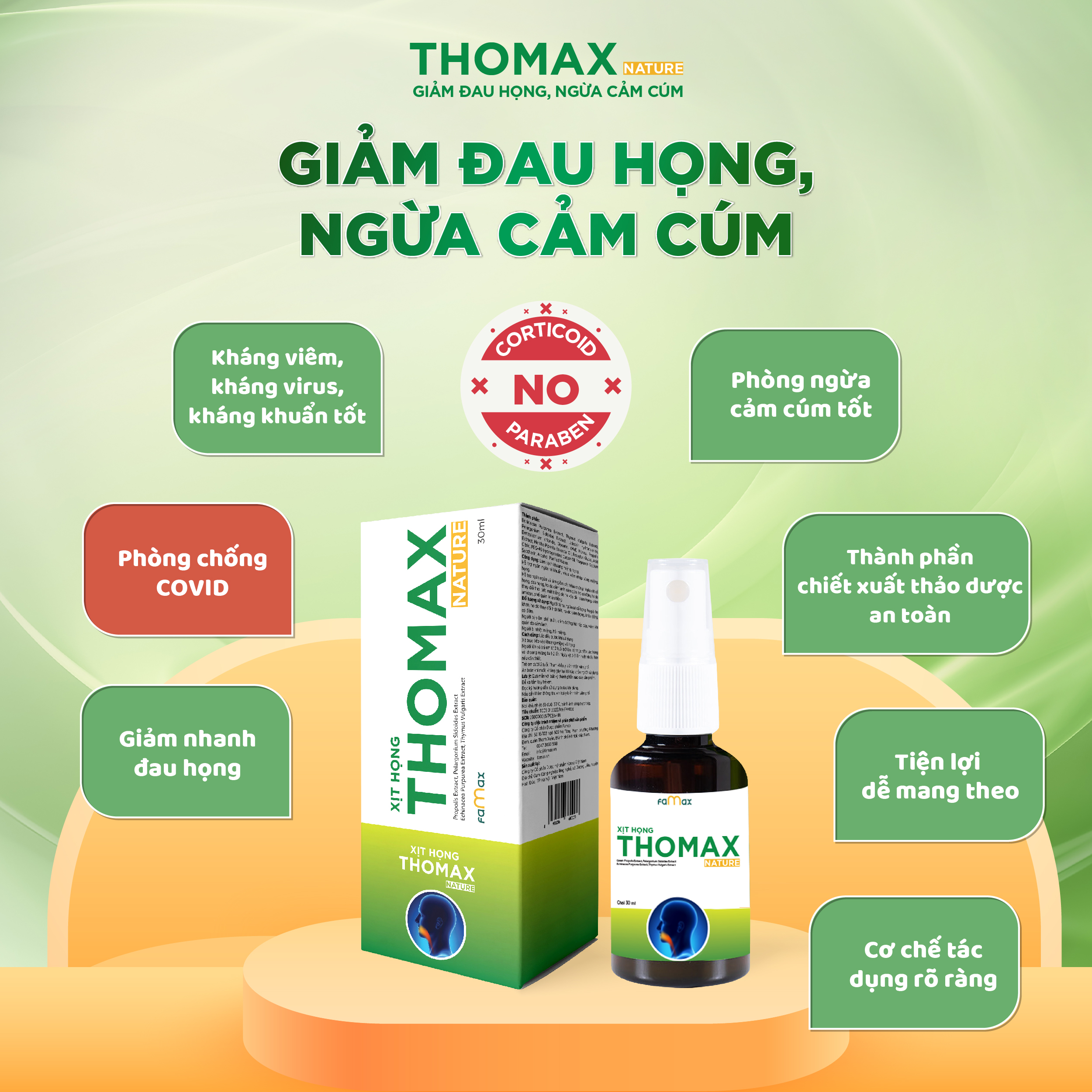[FAMAX] Combo 2 lọ Xịt họng Thomax Nature 30ml hỗ trợ giảm ho, giảm đau họng, viêm họng, viêm admidan