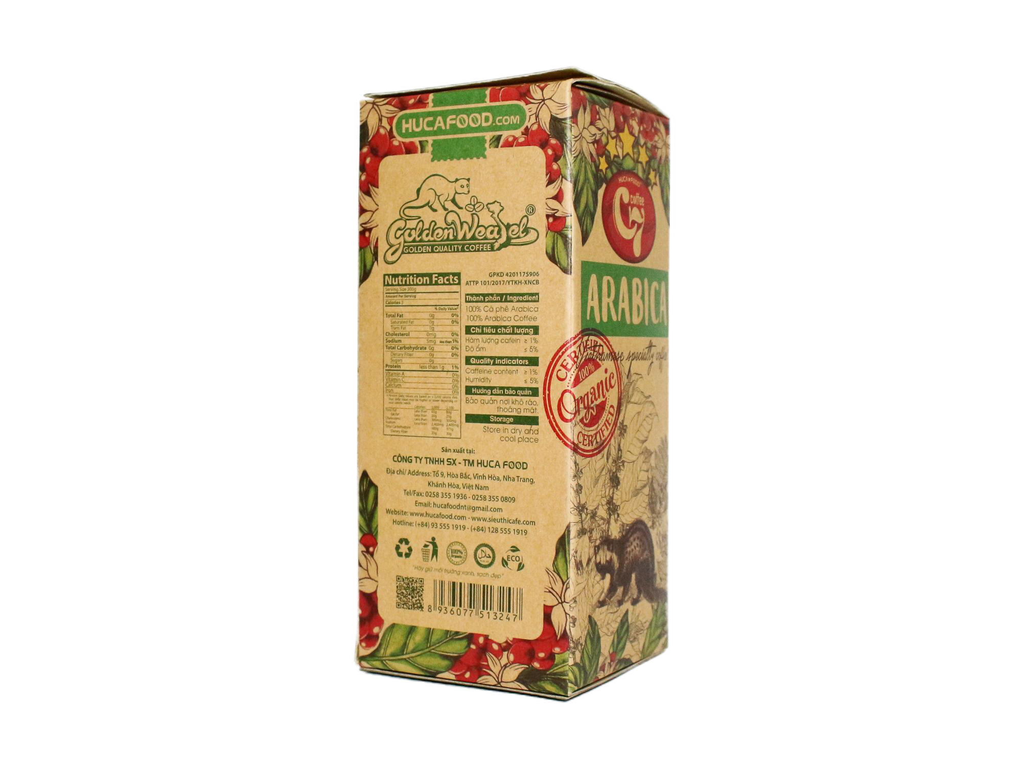 Cà Phê Bột Nguyên Chất 100% Arabica Con Chồn Vàng Hộp 350Gr - Huca Food