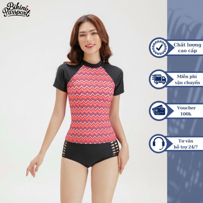 Áo bơi NỮ BIKINI PASSPORT kiểu Croptop tay ngắn có khoá kéo - màu Đỏ - BS270_RD