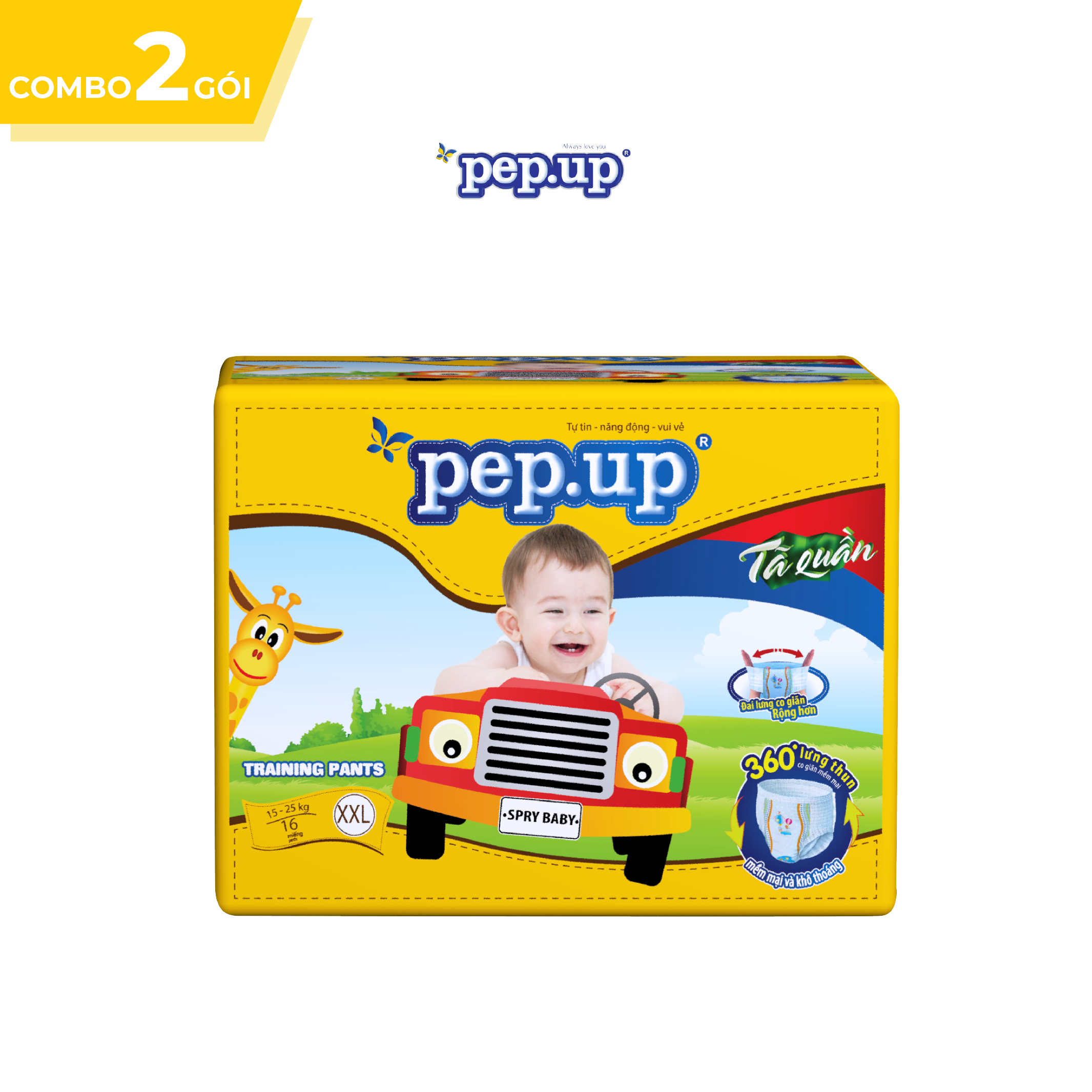 Combo 2 gói Tã/Bỉm Quần Em Bé Pep.up Extra Dry Siêu Mềm Mại, Siêu Khô Thoáng, Kháng Khuẩn Size XXL (16 Miếng/Gói)