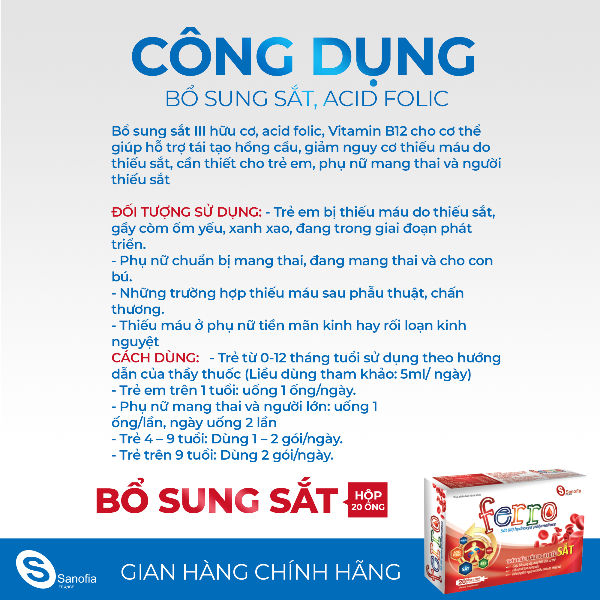 Siro sắt dạng ống Ferro Sanofia bổ máu, tái tạo hồng cầu dùng được cho bé từ 1 tuổi và mẹ bầu - Hộp 20 ống Thomsoncare