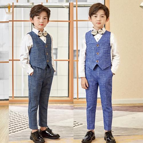 Set bộ vest bé trai TRAZmàu karo xước xám xanh vest đầy tháng thôi nôi