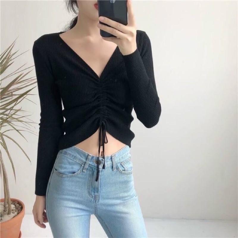 Áo tay dài croptop rút dây cổ tim trẻ trung năng động