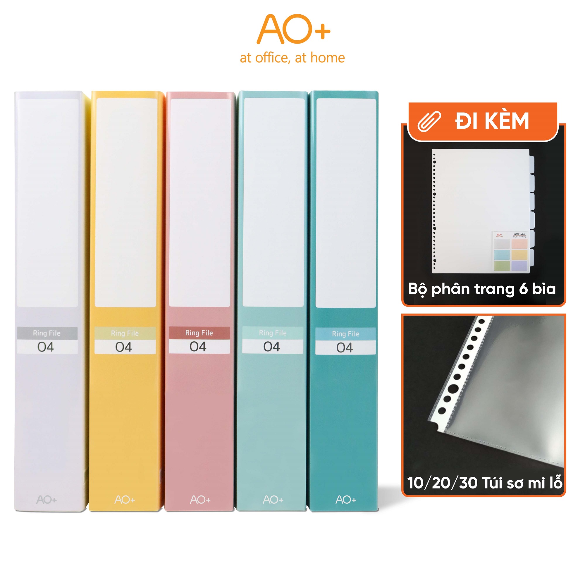 Bìa Còng O4 Switch ON AO+, Nhựa PP/ A4, 4 Nhẫn O, Kèm Bộ Phân Trang và Túi Sơ Mi Lỗ, (25/35/50 mm)