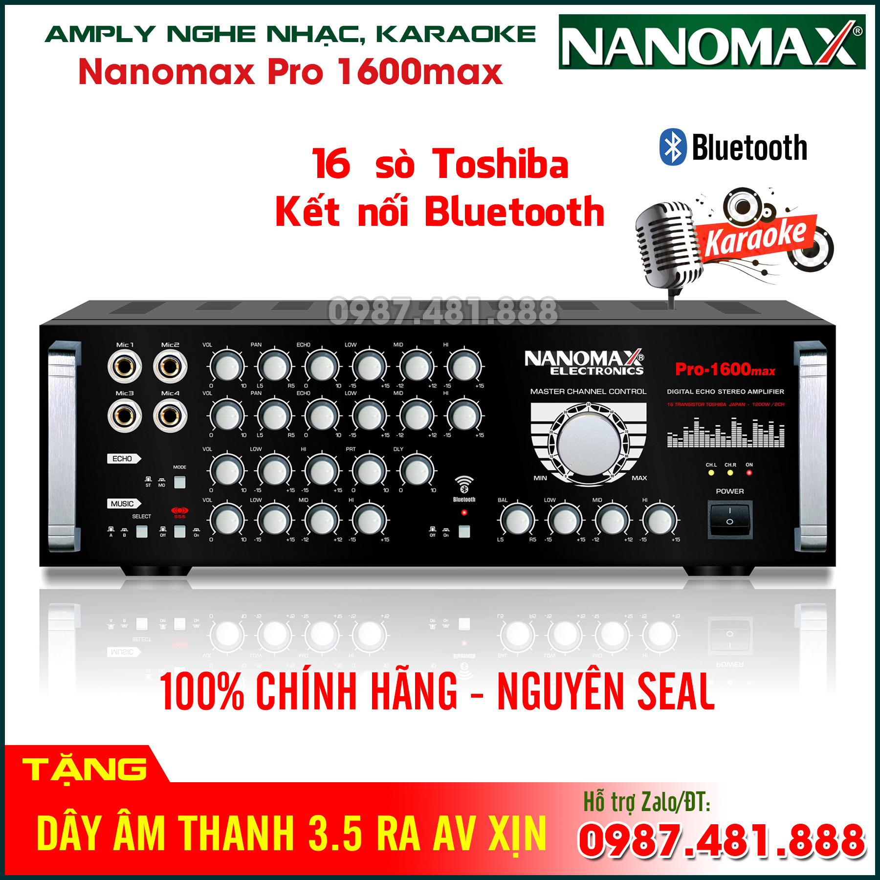 Amply nghe nhạc, hát karaoke Nanomax model PRO 1600 MAX - 16 sò to Toshiba, có kết nối Bluetooth - Hàng chính hãng