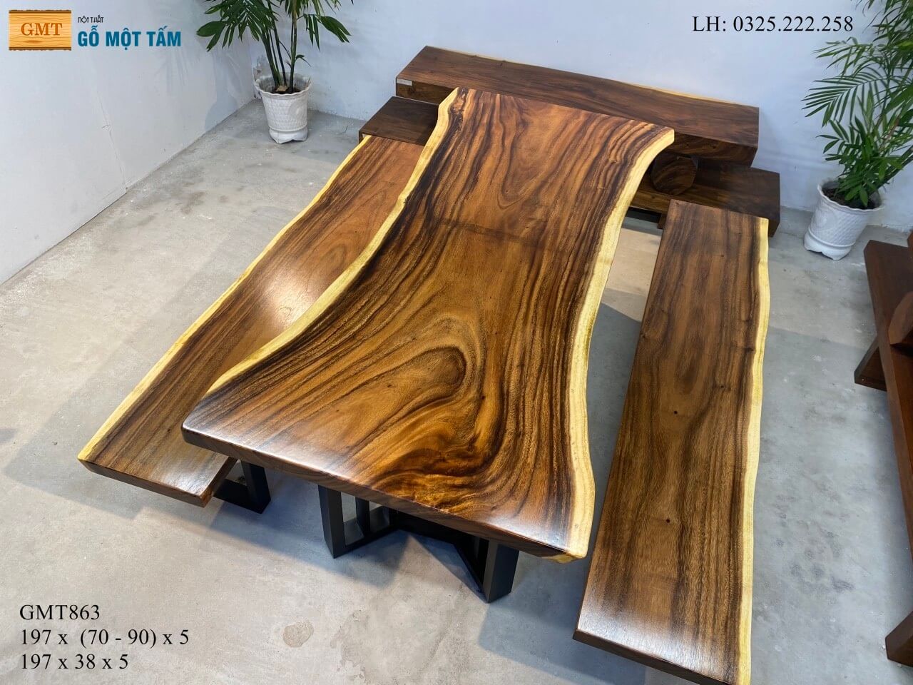 Bộ Bàn Ghế K3 Gỗ Me Tây, Bàn Ghế Cafe Gỗ Me Tây, Bàn Ghế Sân Vườn Gỗ Me Tây Dài 1,97m Rộng 90cm Dày 5cm