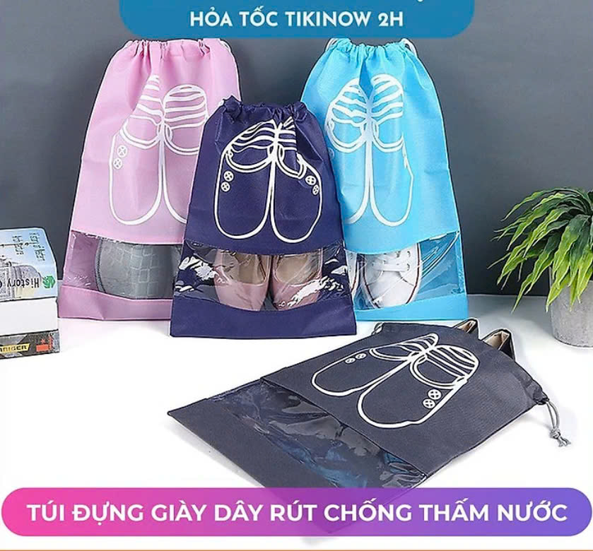 [Loại Dày] Set 2 Túi Vải Đựng Giày, Đồ Du Lịch Đa Năng Có Dây Rút, Chống Thấm Nước Màu Đen