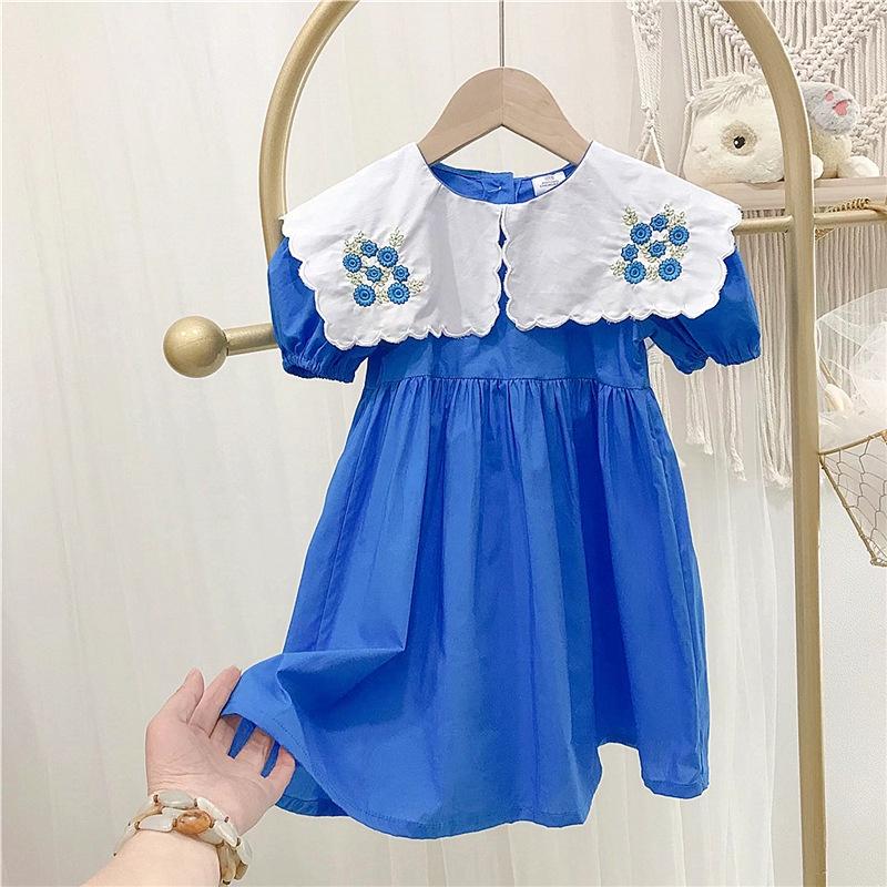 Đầm babydoll thêu hoa phong cách Hàn Quốc cho bé gái tone xanh size 12-35kg chất kate mềm mát