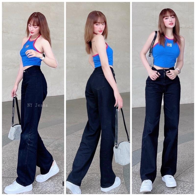 Quần Jean Nữ Aiori Ống Rộng Lưng Cao Trơn Màu Đen Bò Suông Phong Cách Thời Trang Hàn Quốc Jean Cotton Mềm Mịn_Mã 3099