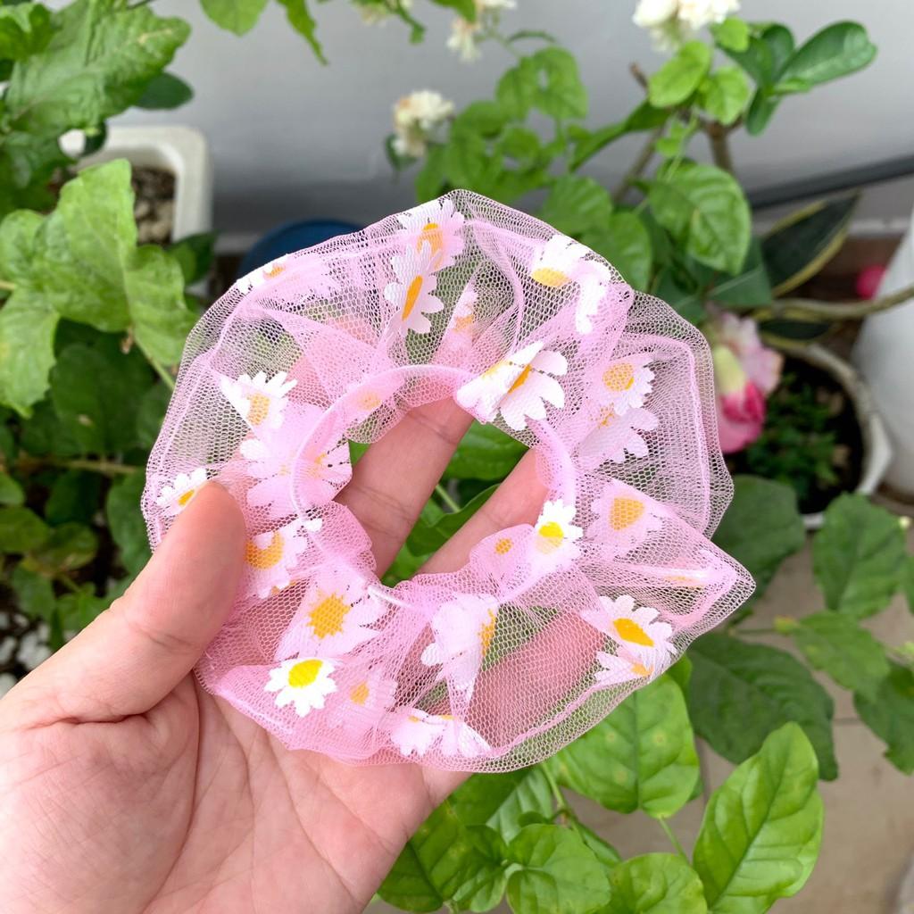 Cột tóc scrunchies voan lưới hoa cúc