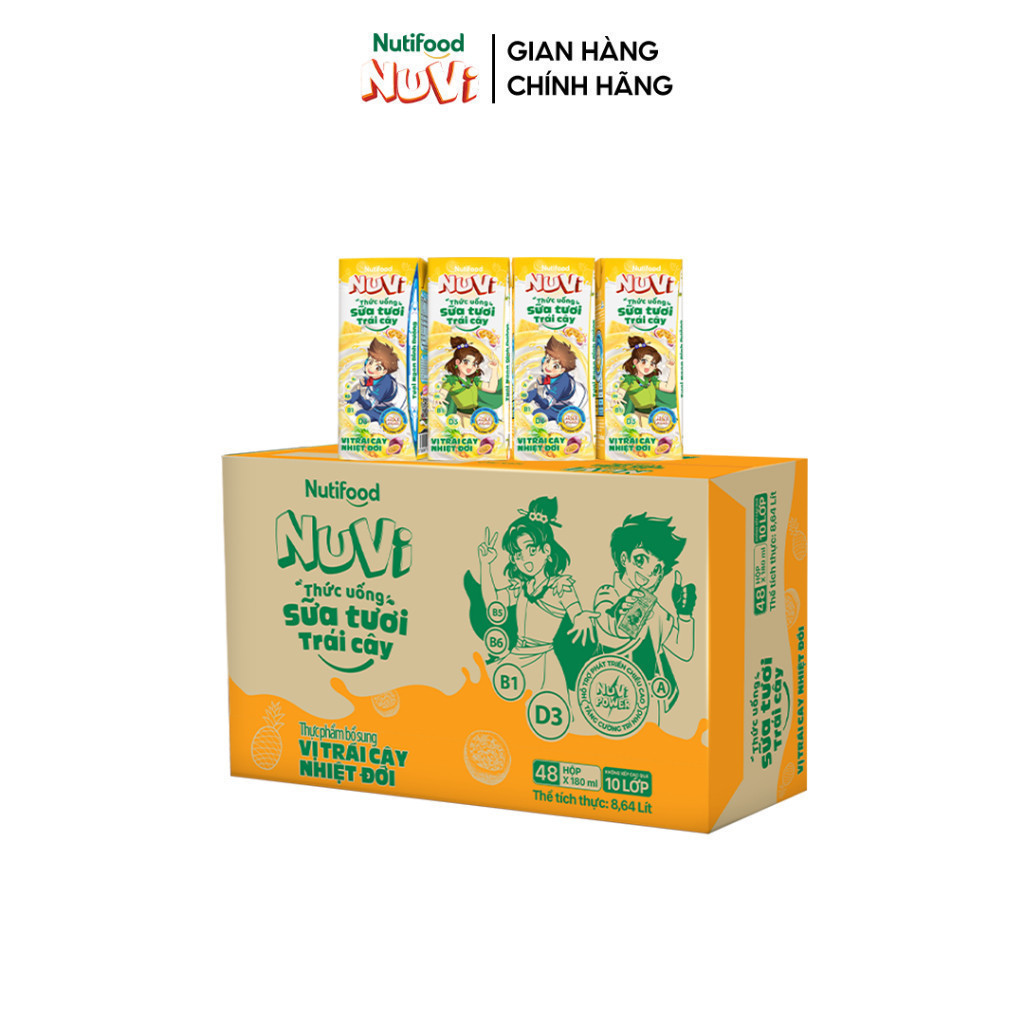 Thùng 48 hộp Thức Uống Sữa Tươi Trái Cây Tươi Nuvi Vị Nhiệt đới 180ml - Tăng Cường Chiều Cao, Phát Triển Trí Não