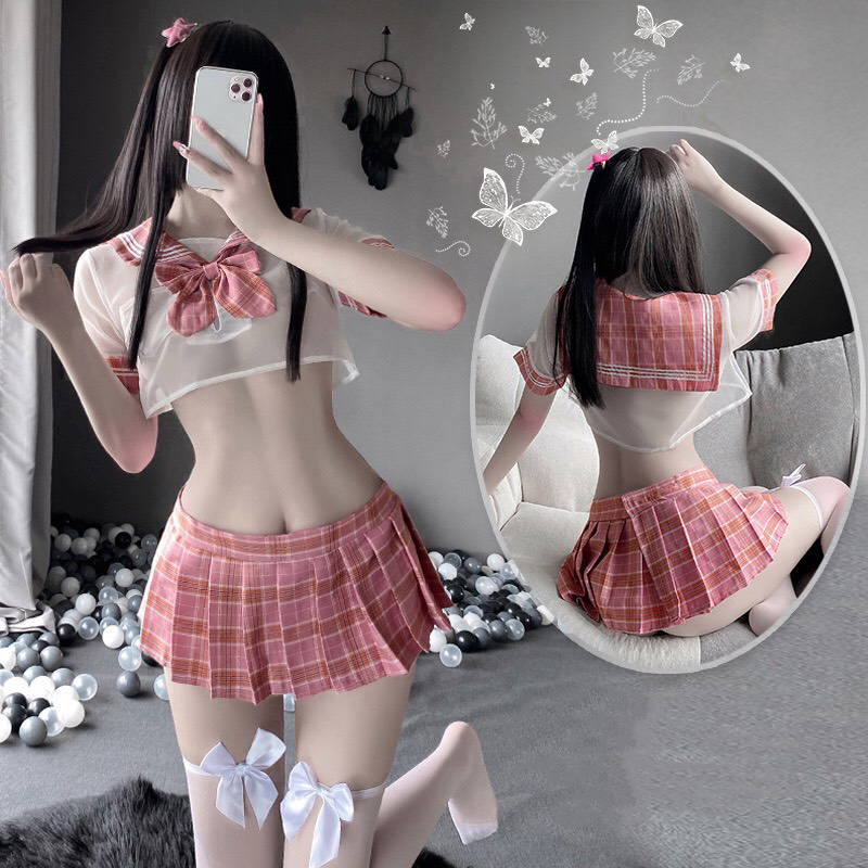 Cosplay hóa trang sơ mi ngắn kèm chân váy gợi cảm Q605 - Đồ ngủ nữ hóa trang sexy -  So mi ngắn kèm chân váy quyến rũ