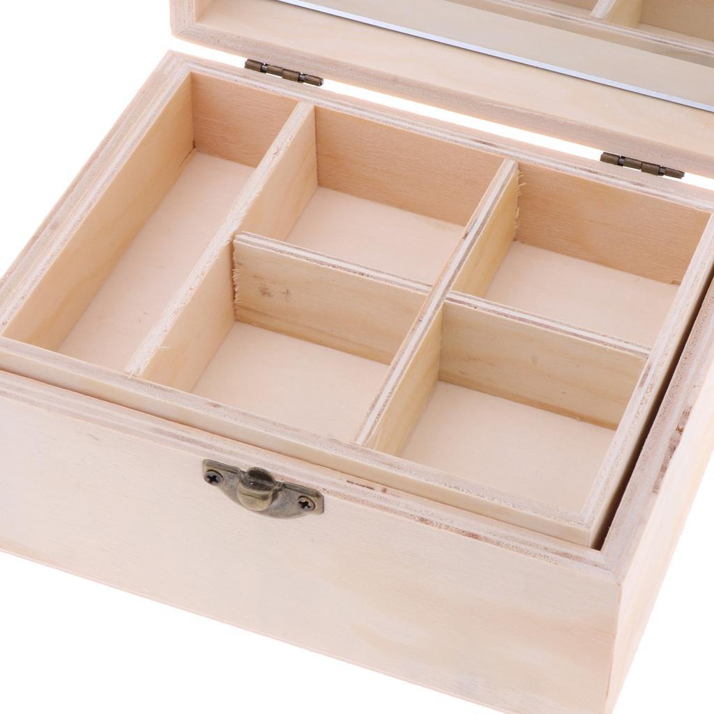 Rectangle Wood Box Jewelry Case Wedding Gift Makeup Cosmetic Earrings Ring Desk Rangement Make Up Wooden Organizer with Mirror - 2 Layers