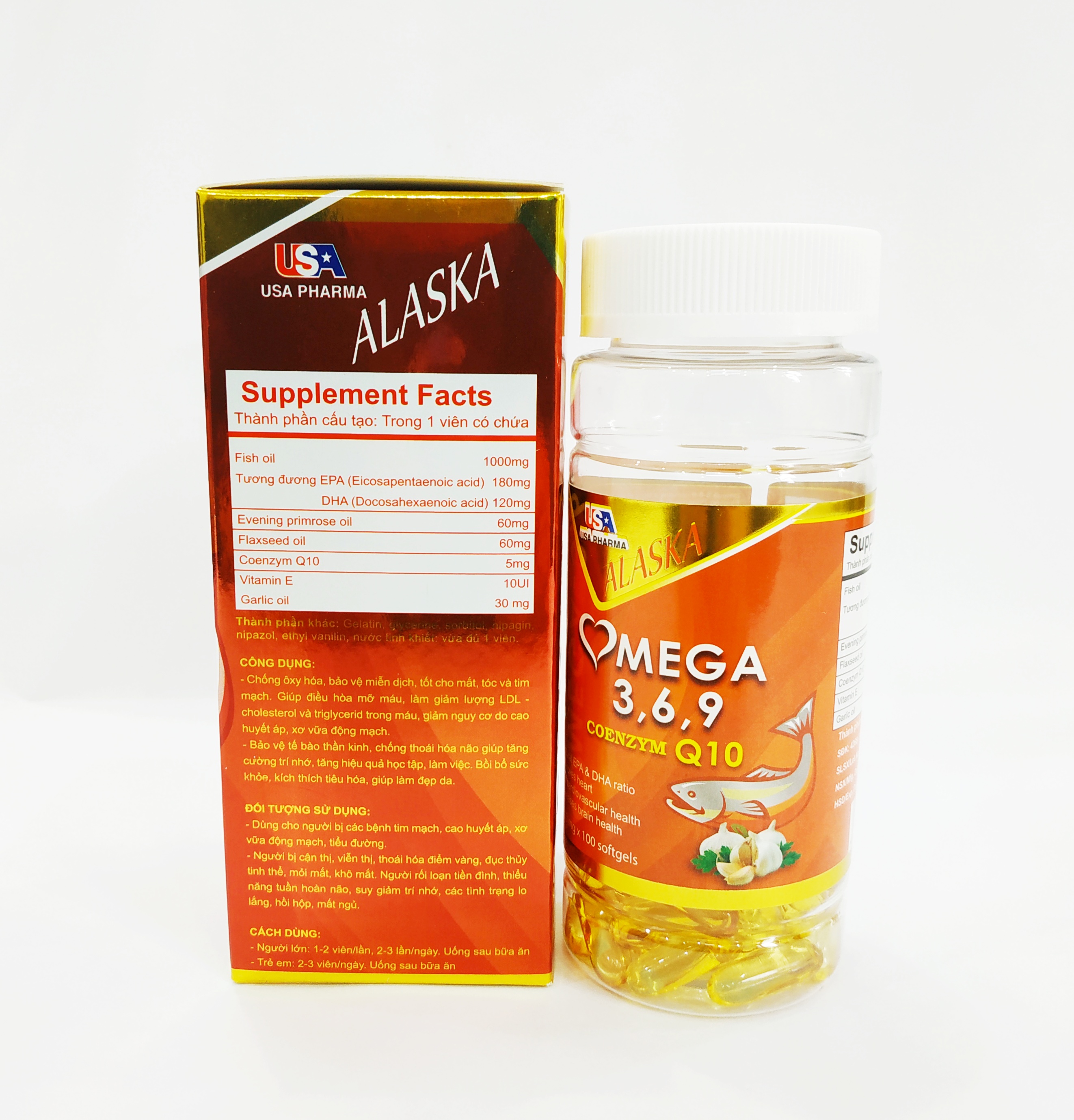 VIÊN UỐNG DẦU CÁ ALASKA OMEGA 3,6,9 TỎI COENZYM Q10 - TỐT CHO MẮT, TIM, NÃO, ĐẸP DA, HẠ CHOLESTEROL - OMEGA 369 - LỌ 100 VIÊN