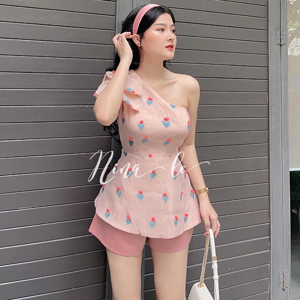 Sét Bộ Áo 1 Vai Đũi Lụa In KTS Phối Quần Chéo Nhung Màu Sắc Nhã Nhặn