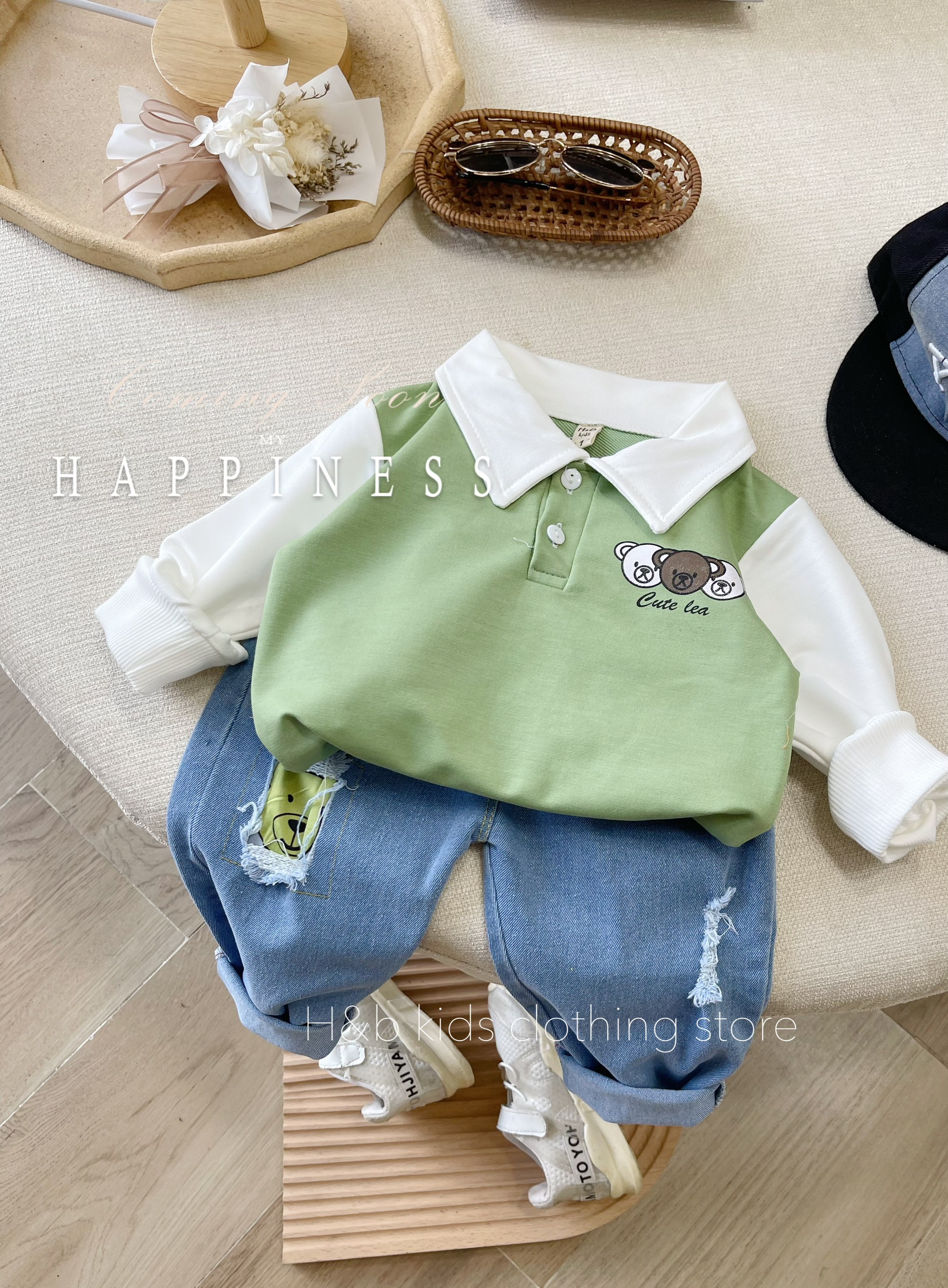 Bộ Quần Áo Bò Gile Da Cá Tàu Cổ Trụ Cực Xinh Cho Bé Trai Gái 10-25kg