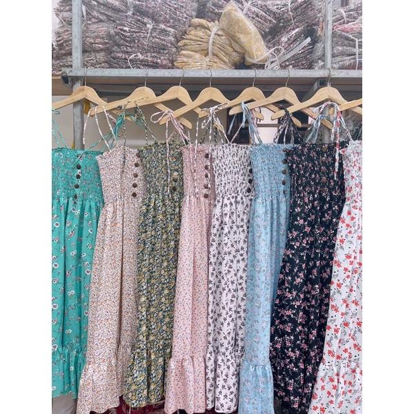 Đầm maxi hai dây cột vai đi biển đi dạo hoa nhí phối nút gỗ hình thật đủ màu siêu đẹp