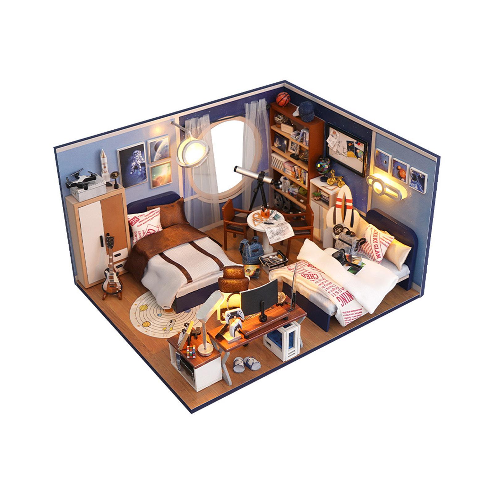 Wooden Miniature Dollhouse Kits Fashion with Lights Artwork Creative Bedroom