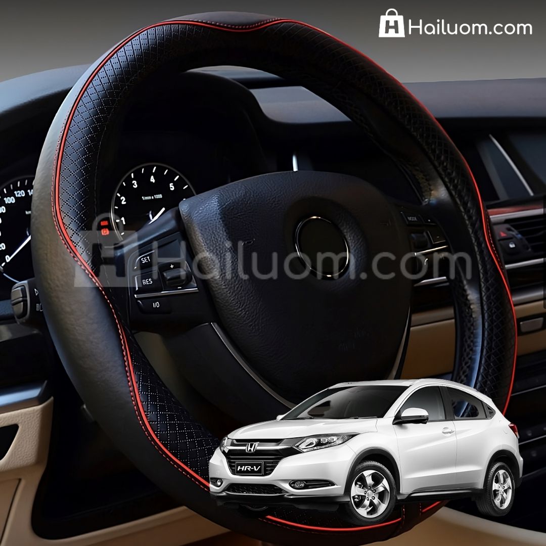 Bọc Vô Lăng ô tô cho HONDA HRV Da Thật Cao Cấp - Màu Đen Chỉ Đỏ