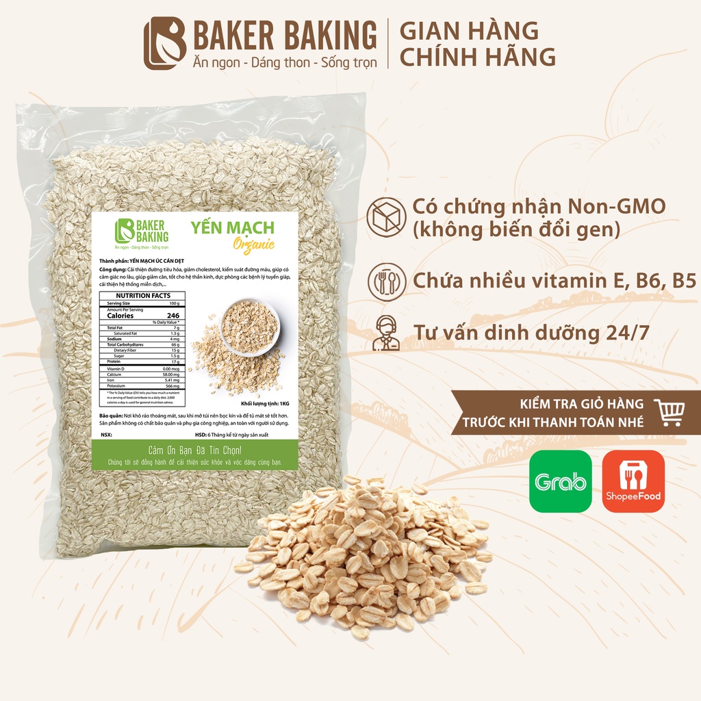 Yến mạch cán dẹt dinh dưỡng Baker Baking không đường hỗ trợ giảm cân, ăn kiêng 1kg