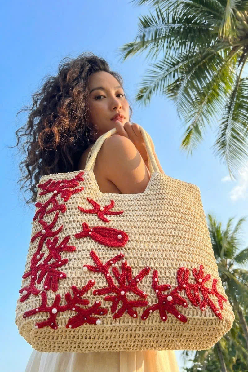 Giỏ Cói Tote Mềm Trang Trí Móc Len thời trang thiết kế Hity Acc018