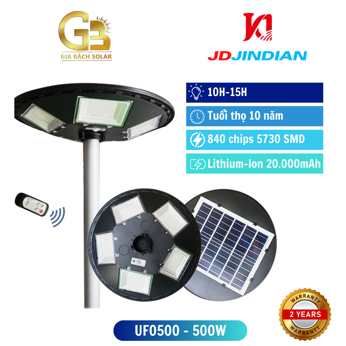 Đèn Năng Lượng Mặt Trời UFO 500W Jindian Đèn Sân Vườn Ngoài Trời, Đèn Dĩa Bay Chống Nước IP66